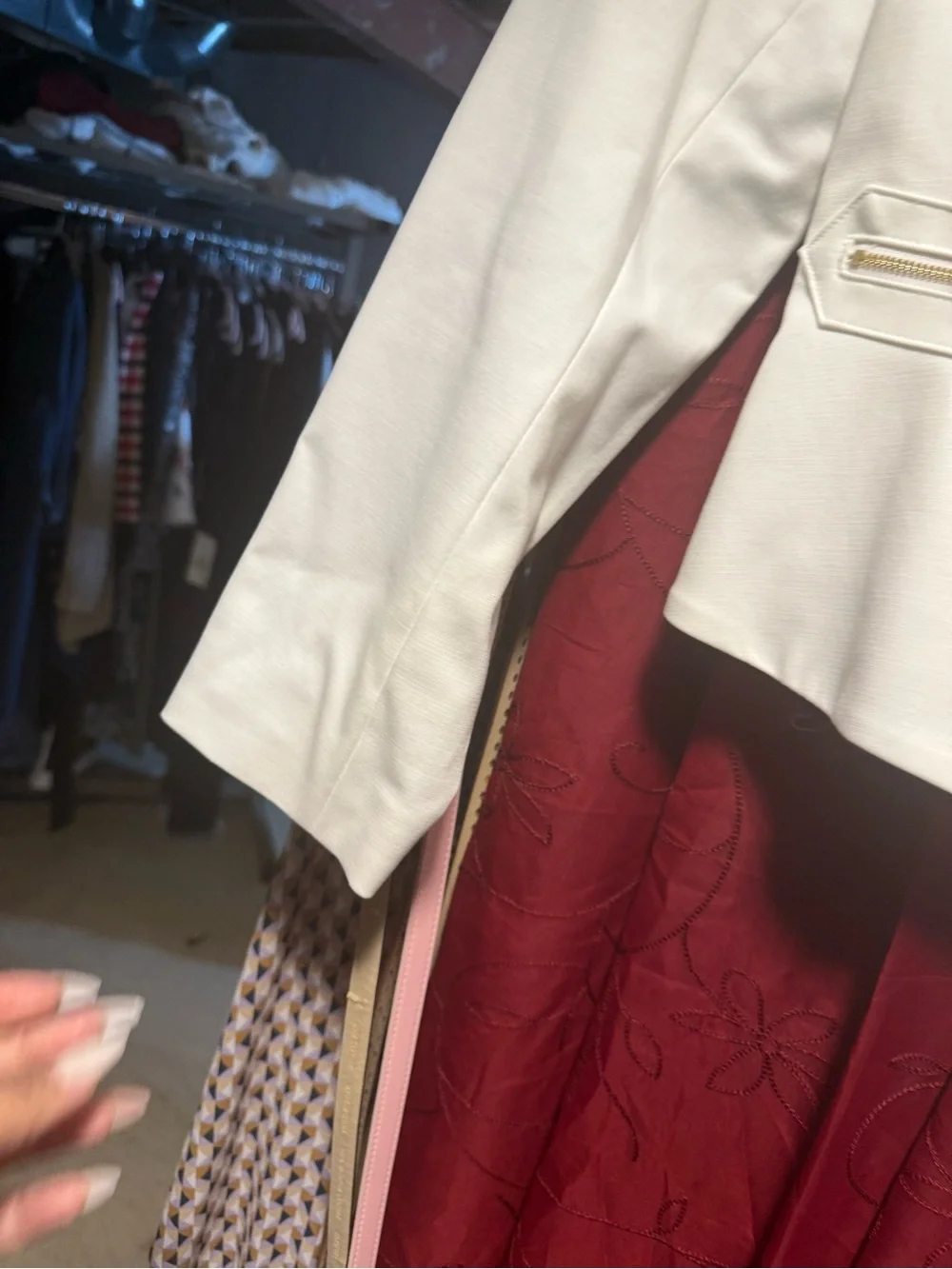 Calvin Klein White Zip-Front Collarless Blazer with Gold Accents